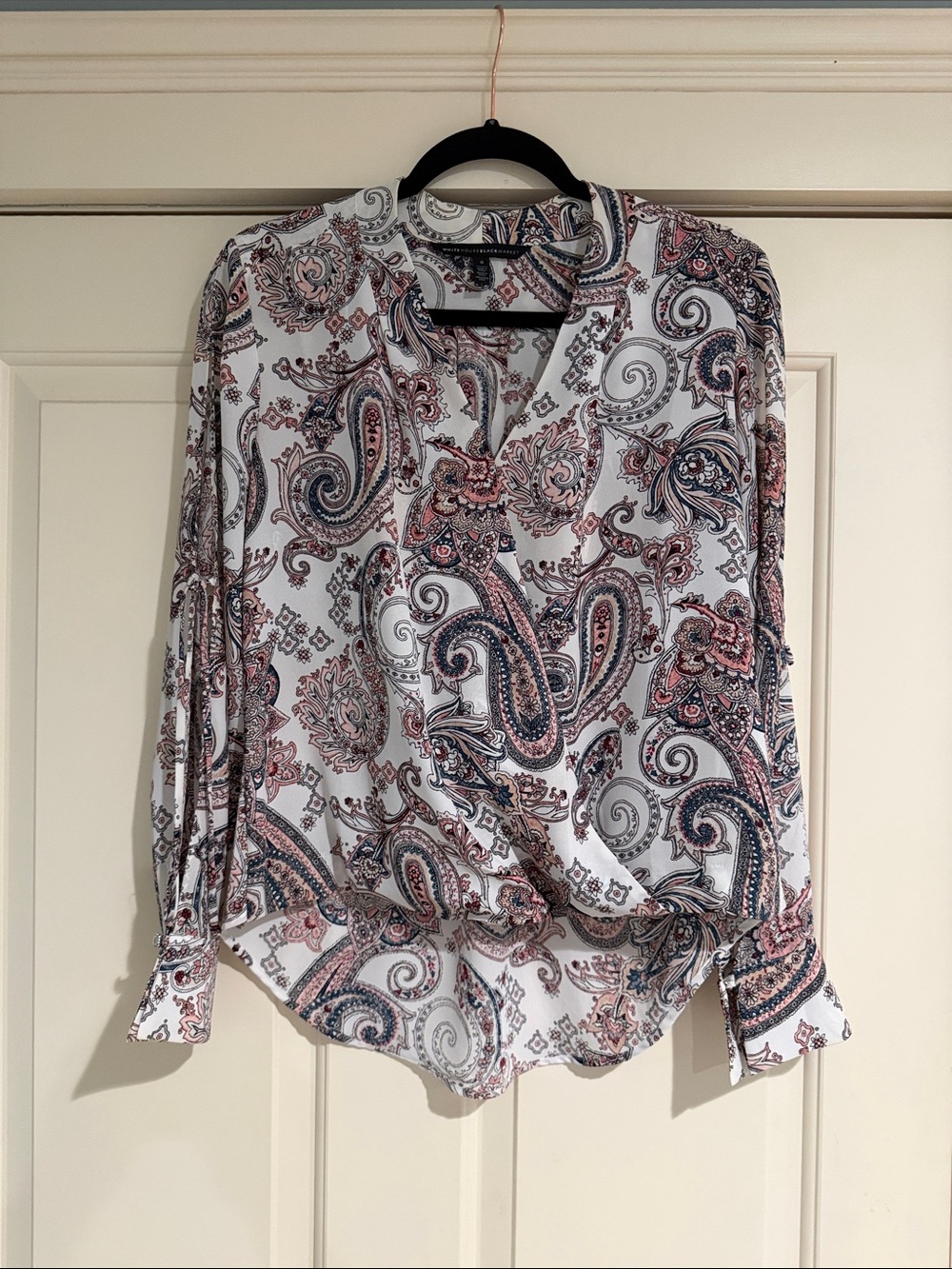 WHBM Paisley Print Long-Sleeve Blouse - White with Pink & Blue Size 6